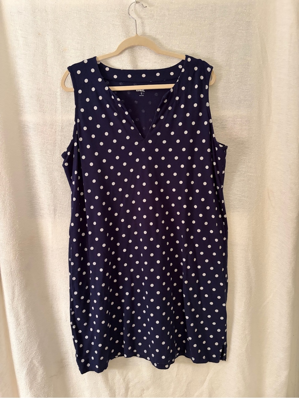 Lands' End Navy and White Polka Dot Sleeveless Midi Dress